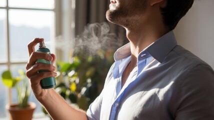 Young caucasian male applying cologne in sunlit room