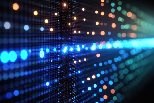 Abstract digital light display with rows of glowing blue and orange dots creating a futuristic and dynamic visual effect