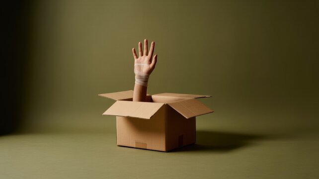 Hand emerging from box on green background symbolizing freedom and expression