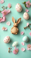 Obraz premium Wooden bunny figurine surrounded by decorated Easter eggs and pink cherry blossom flowers on a turquoise background creating a festive and cheerful atmosphere