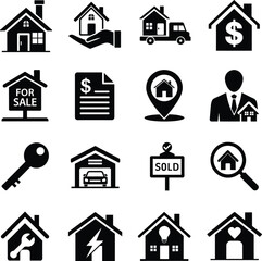 real estate silhouette icons set. Property, home, rent, sale, mortgage, contract, plumbing, inspection, repair, garage, location, key, bill icons