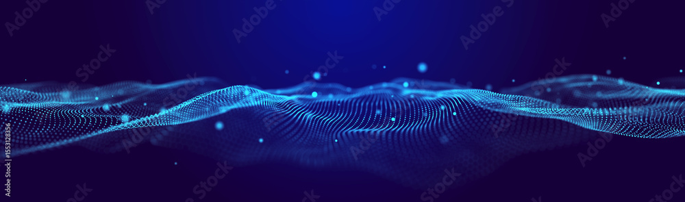 Fototapete Abstract wave. Interweaving of dots and lines on a black background. Big data. 3D rendering.