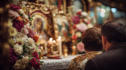 Devotees Praying Before Saint Mary Magdalene Altar with Flowers and Candles During Religious Festival Ceremony © Dimas