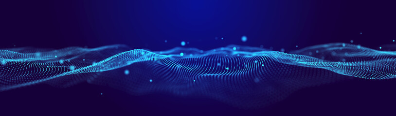 Abstract wave. Interweaving of dots and lines on a black background. Big data. 3D rendering.