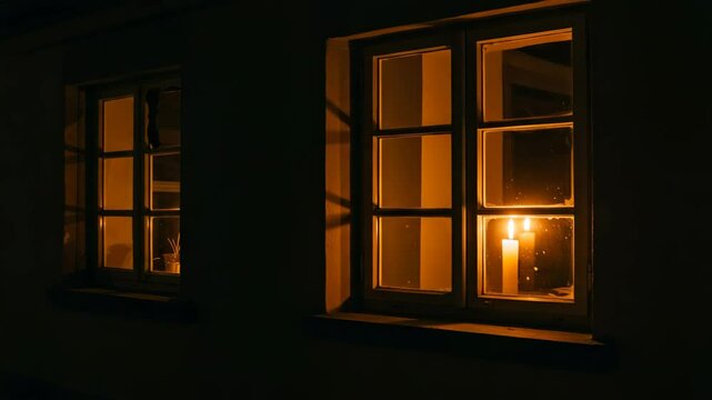 Candle flickering in window during power outage at night  