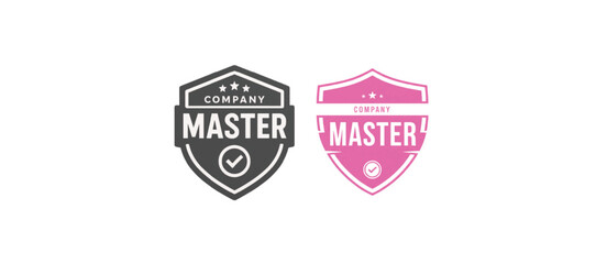 Obraz premium Company Master Badge Gray and Pink Shield-Shaped Labels with Checkmarks and Stars