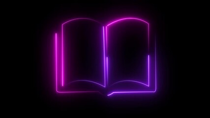Glowing vertical book icon animation with neon open symbol on black background - Powered by Adobe