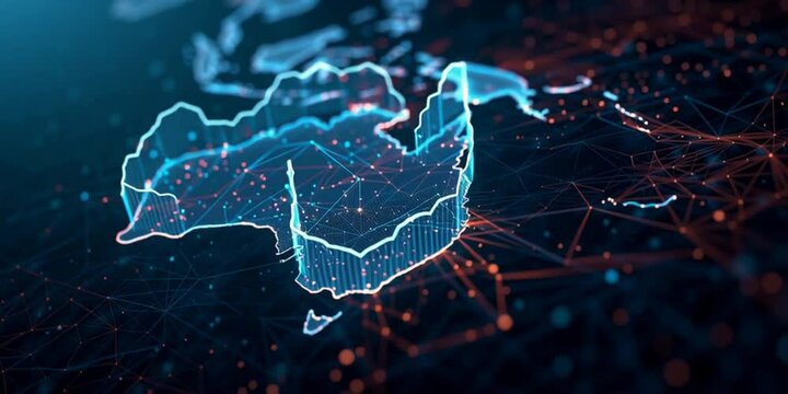 Futuristic Digital Map of Australia with Glowing Network Connections and Data Grid