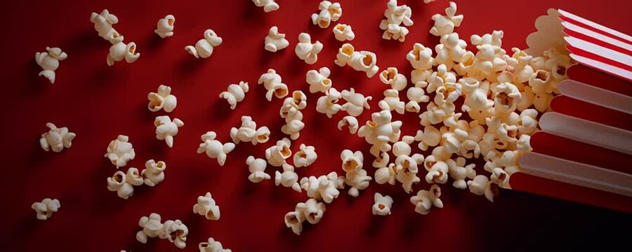 Spilled Popcorn from Striped Box on Red Background &mdash; Cinema or Snack Concept