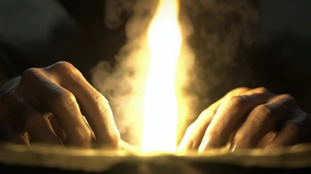 Mysterious hands manipulate glowing light in a dark setting, creating an enchanting atmosphere of intrigue and wonder