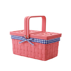 Coral pink closed wicker basket with decorative blue-white textile border, isolated on transparent background. Summer season, family and friends time, weekend and vacations. Outdoor lunch or breakfast