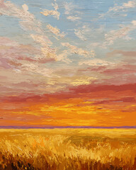 Impressionist-style painting of a wheat field under sunset, with warm traditional brushwork.