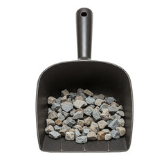 Metalic scoop with granite gravel stones, isolated on transparent background. Construction, landscaping and household tools and materials