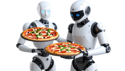 Smart robot making pizza isolated on white background. 
