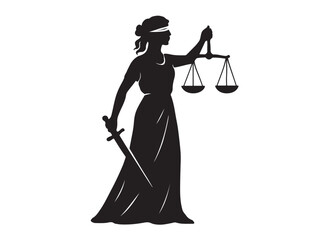 justice scales lady logo silhouette vector, lady justice logo icon silhouette, woman holding scales of justice silhouette lady lawyer logo design vector illustration silhouette on a white background