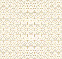 Seamless geometric pattern features a delicate lattice of interconnected hexagons and subtle floral motifs in a warm golden hue on a cream background. Ideal for sophisticated designs.