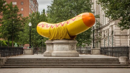 Large inflatable hot dog sculpture on a pedestal.