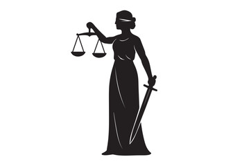 justice scales lady logo silhouette vector, lady justice logo icon silhouette, woman holding scales of justice silhouette lady lawyer logo design vector illustration silhouette on a white background