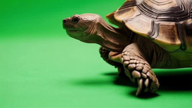 Sulcata tortoise walking slowly across a vibrant green background in a studio setting green screen video