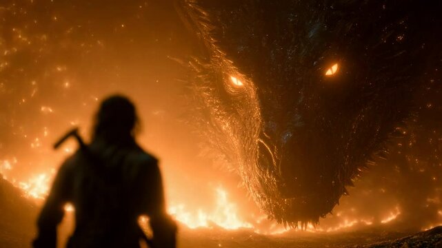 A hero stands bravely in front of a gigantic dragon, illuminated by flames in a dark, fiery underground setting. The intense atmosphere creates a vivid battle scene filled with tension