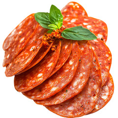 Slices of spicy pepperoni with basil and red pepper flakes are stacked isolated on white or transparent png
