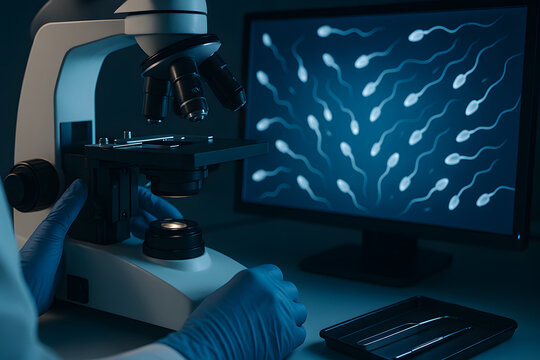 Lab scientist analyzing sperm sample under microscope with results displayed on a computer screen, illustrating fertility testing, reproductive science, and diagnostics.	