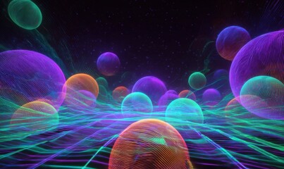Vibrant abstract digital landscape with colorful spheres floating over a grid, evoking a cosmic feel