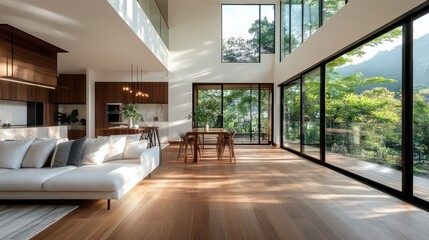 Fototapeta premium This exquisite contemporary living space features large glass windows that let in natural light, providing a breathtaking view of lush greenery and blending indoor and outdoor harmony beautifully.