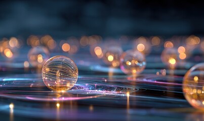 Ethereal scene of glowing orbs floating above a shimmering surface with vibrant light trails