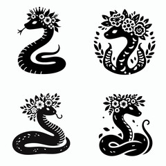 Fototapeta premium Snake. With Flower Crown Cartoon Clipart Cowboy Silhouette Line Art Vector Illustration. Serpent a reptile creature exploration and learning about this unique wildlife.