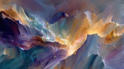 Abstract landscape showing vibrant colors and dynamic forms resembling mountains at sunset