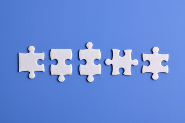 Five puzzle pieces on blue background. The concept of finding the right solutions in teamwork.