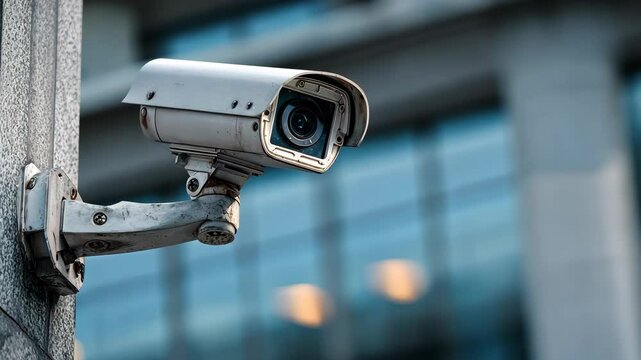 Security surveillance camera mounted on urban wall

