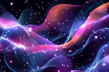 Abstract colorful waves of light and energy flowing through a dark cosmic space with stars