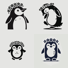 Obraz premium Penguin. With Flower Crown Cartoon Clipart Cowboy Silhouette Line Art Vector Illustration. Flightless waterbird artic creature in antarctica polar wildlife.
