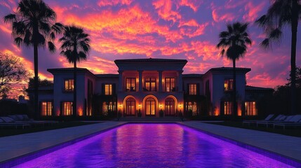 Fototapeta premium luxurious mansion with arched windows and lit interior set against vibrant purple and orange sunset sky reflected in illuminated swimming pool surrounded by tall palm trees