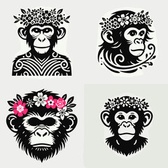 Monkey. With Flower Crown Cartoon Clipart Cowboy Silhouette Line Art Vector Illustration. Primate animal a fun creature from jungle forest habitat for wildlife watching.