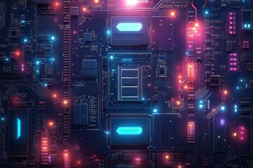 Obraz premium Glowing futuristic computer motherboard with bright neon lights and intricate circuitry in blue, pink, and orange tones