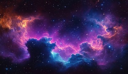 Fototapeta premium Vibrant cosmic nebula with swirling clouds of gas and dust illuminated in shades of purple, blue, and orange against a backdrop of twinkling stars, evoking a sense of awe and wonder