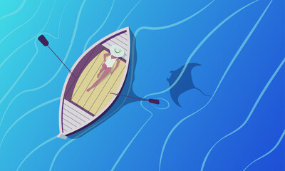 girl in a boat in the middle of the ocean, woman in hat on boat in swimsuit, stingray fish swims under the shoulder blade