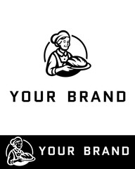 A vintage-style bakery logo featuring a smiling female baker holding fresh bread