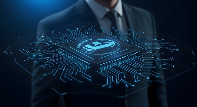Automotive Microchip with Car Icon and Circuits