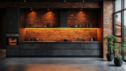 Interior View of Kitchen with Brick Wall and Dark Cabinets