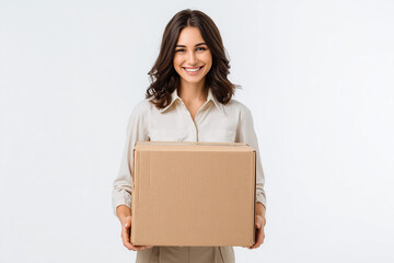 Happy business woman holding cardboard delivery box with e-commerce concept on white studio background