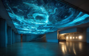 Projected celestial display in a modern art gallery.