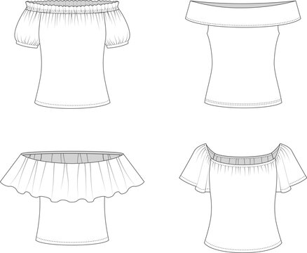 Editable technical flats of four off-the-shoulder tops with varied necklines, flared sleeves, elastic, flounce, and fold-over styles. For tech-pack, fashion design, and production.