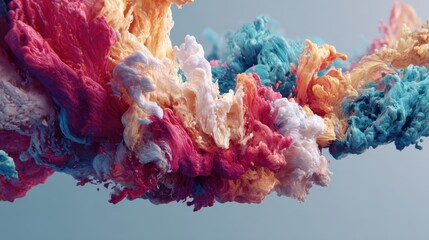 Vibrant abstract explosion of colorful paint swirls against a soft blue background, showcasing creativity