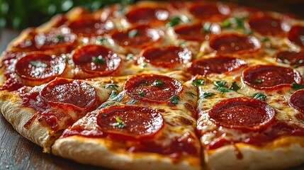 Close-up of freshly baked pepperoni pizza with melted cheese and garnished with herbs on a wooden surface, showing juicy pepperoni slices and crispy crust