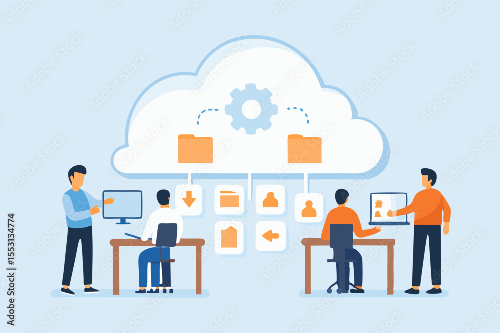 Poster cloud computing data sharing and collaboration between teams using digital devices illustration