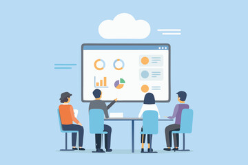 Team Meeting Analyzing Data Charts and Graphs on a Large Screen Display